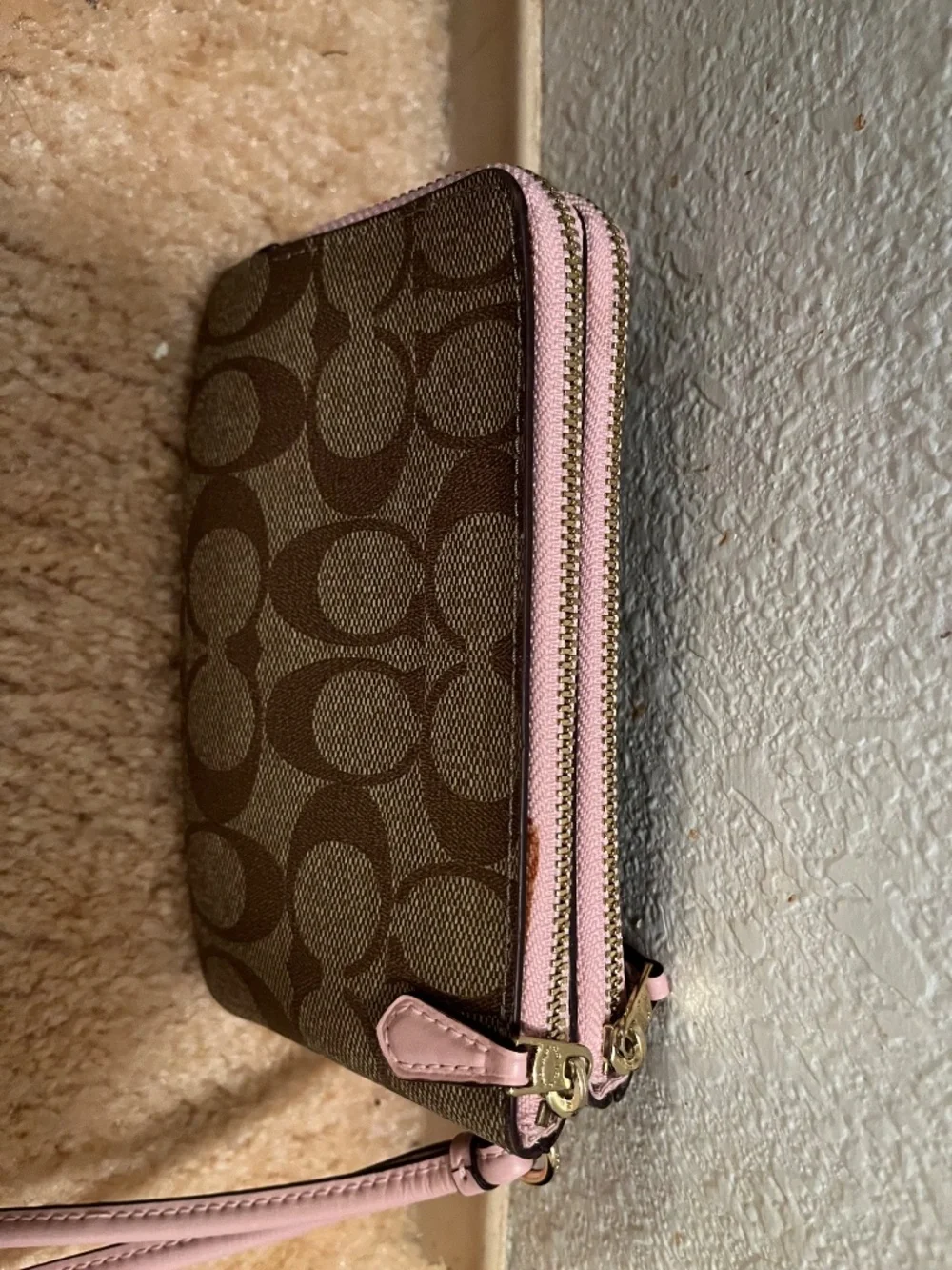 Coach Double Corner Zip Wristlet Wallet In Khaki/Pink Signature Canvas